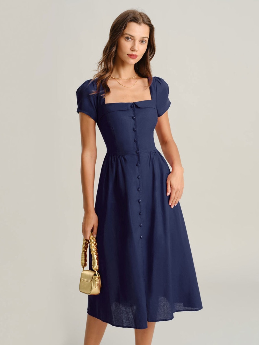 Navy Square Neck Short Sleeves A-Line Midi Dress - Large